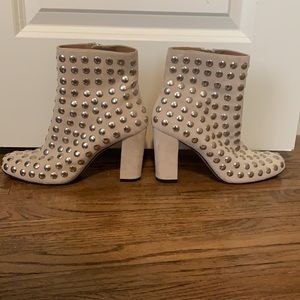 IRO Light Beige Suede Silver Stud Leather Block Heel Ankle Booties, Size 39